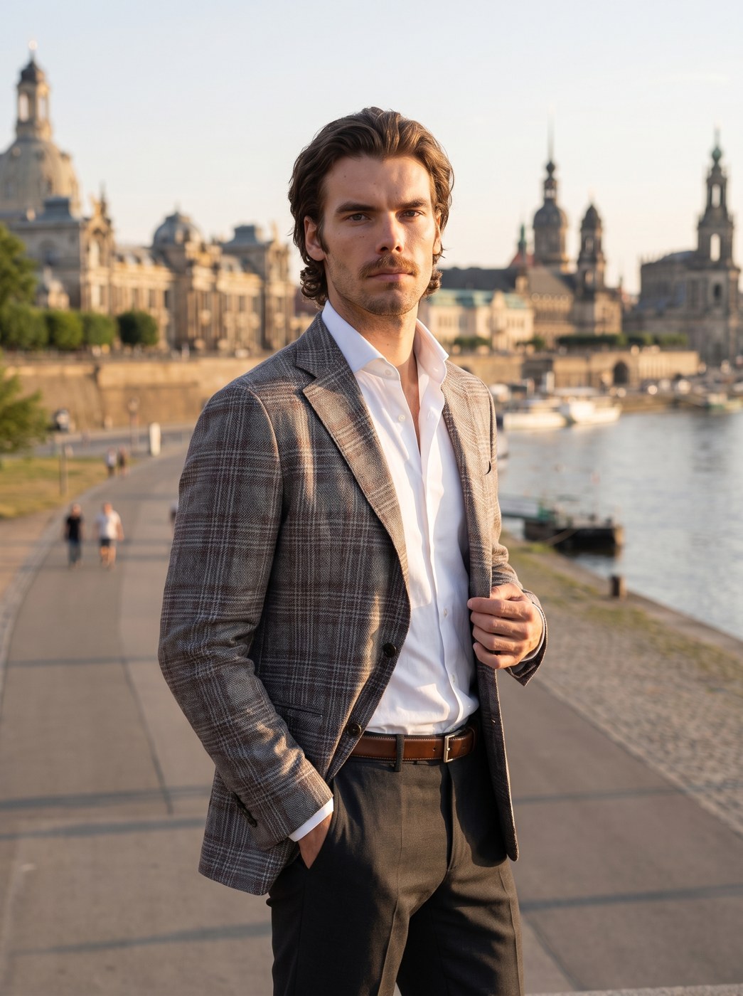 Editorial pose in the glencheck blazer, riverside city skyline