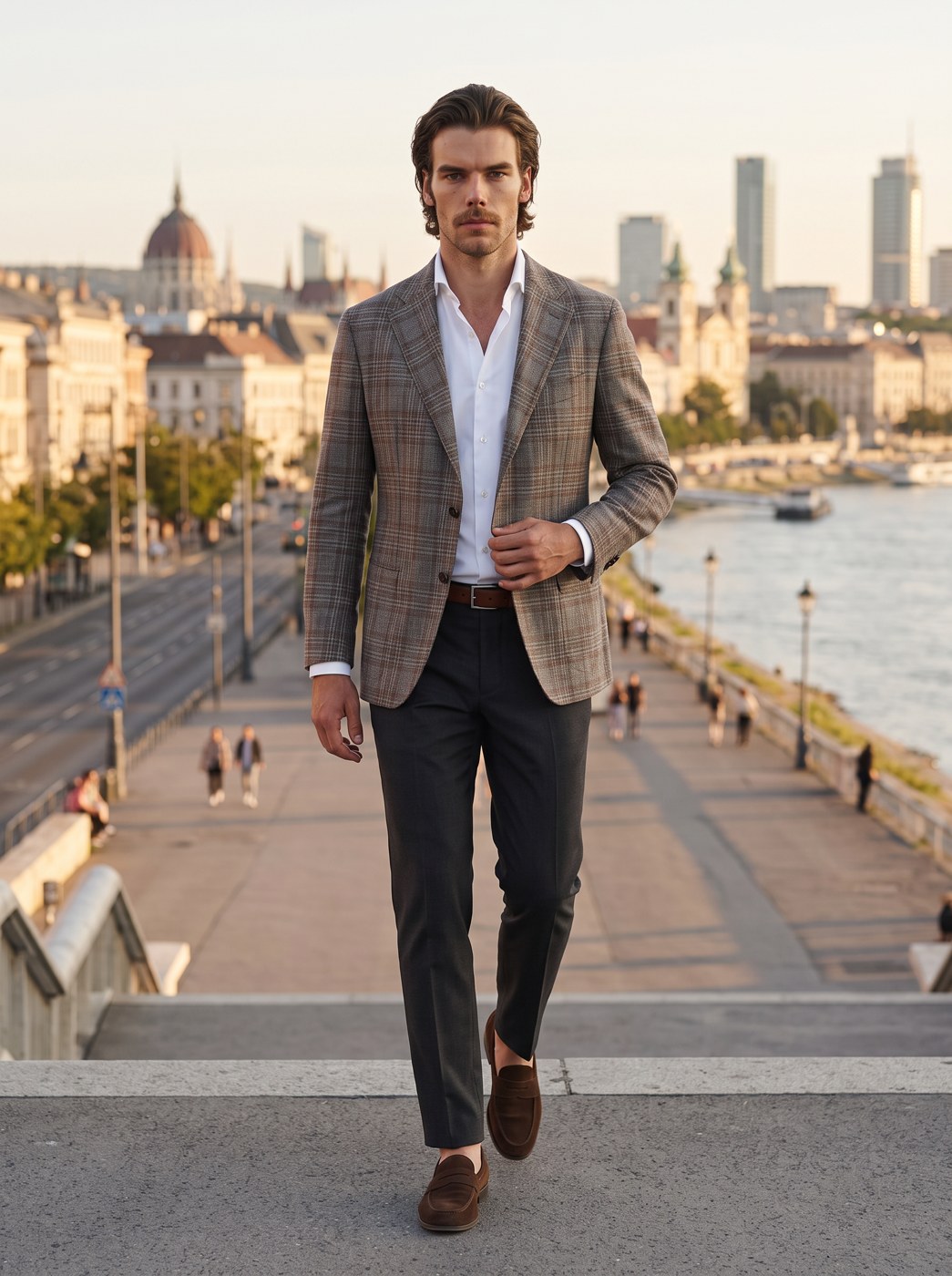 Model stride in the glencheck blazer along the river, city behind